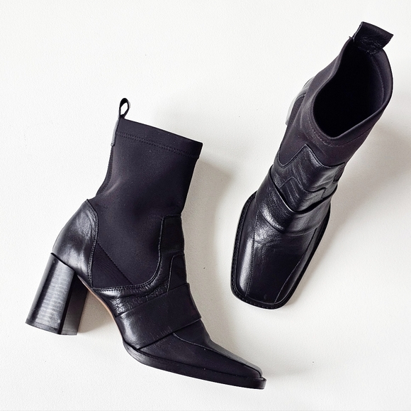 ASOS Shoes - ASOS Black Leather Ankle Sock Boots Square Toe Block Heel Spain Made UK 7 US 9